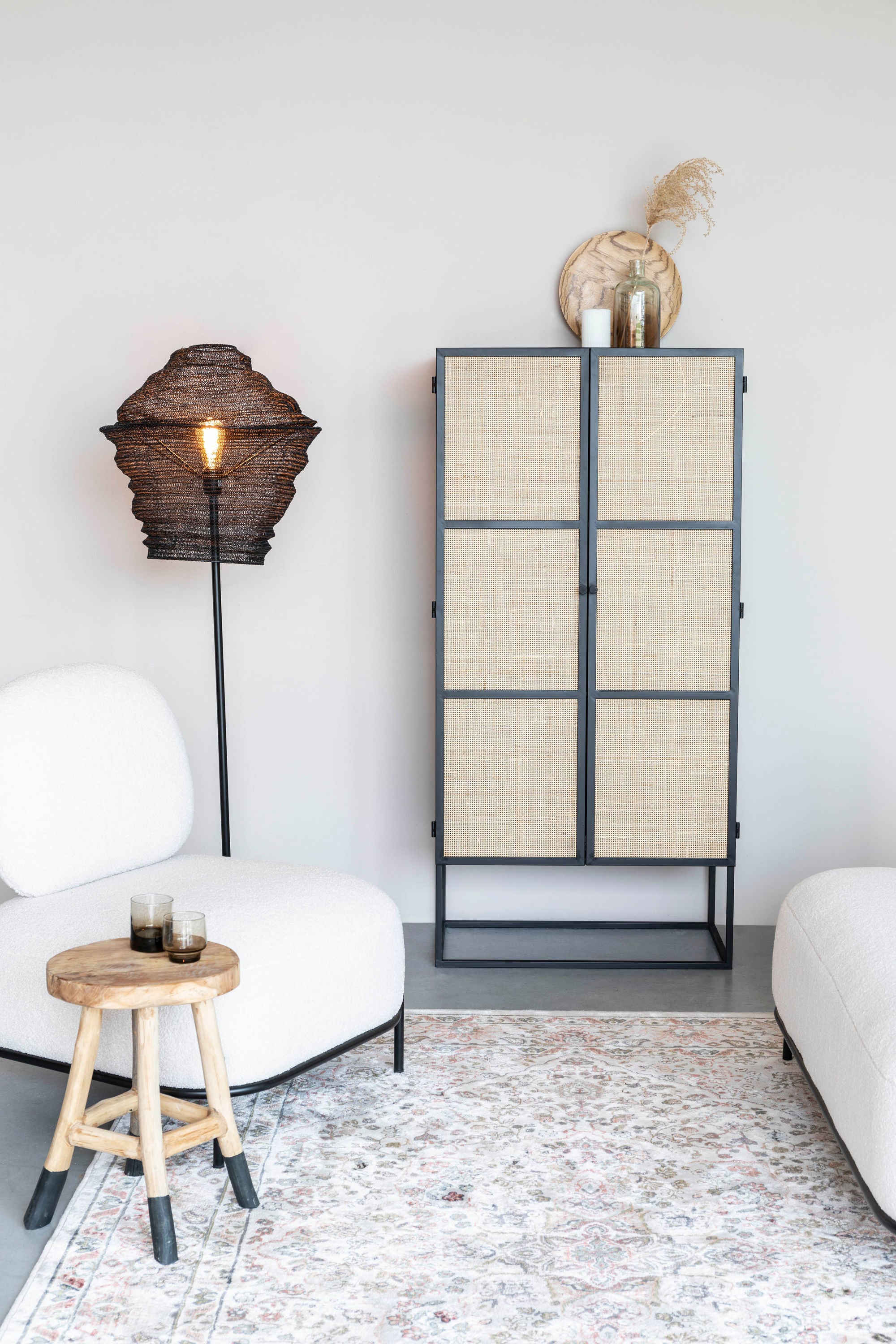 Guuji Black Wood & Natural Rattan High Cabinet | 2 Doors
